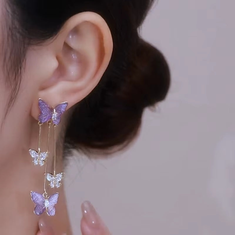 Purple Crystal Butterfly Long Tassel Stud Earrings